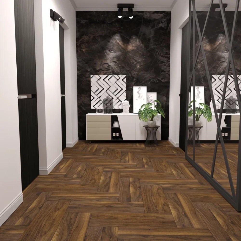 Ламинат CBM Koruna Орех Вальтице 823 венгерская елка 606,8×101,1×12 фото в интерьере