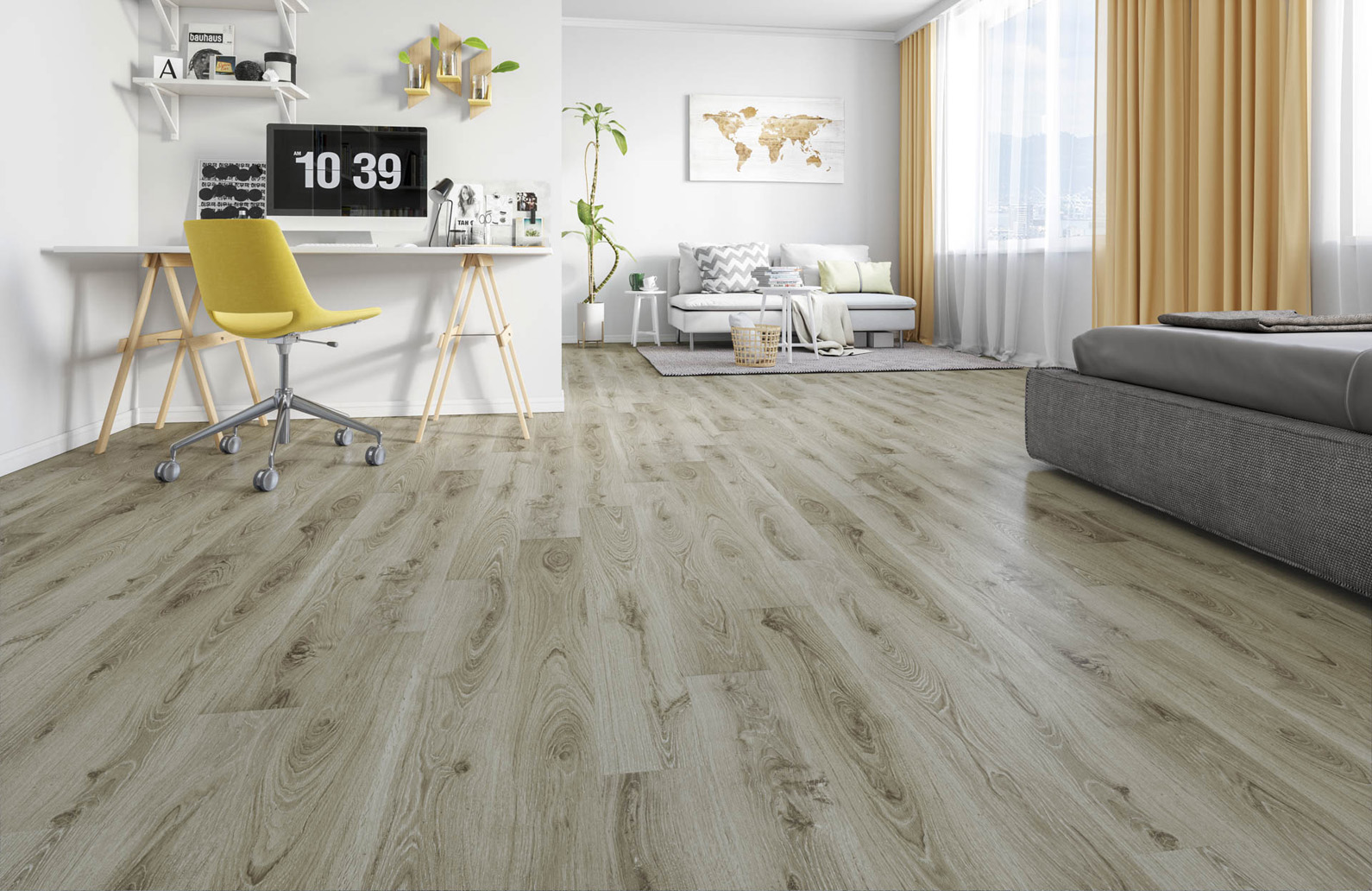 Кварцвиниловый SPC ламинат Fargo Comfort Дуб Марсель 385-1 1220×150×4 фото в интерьере