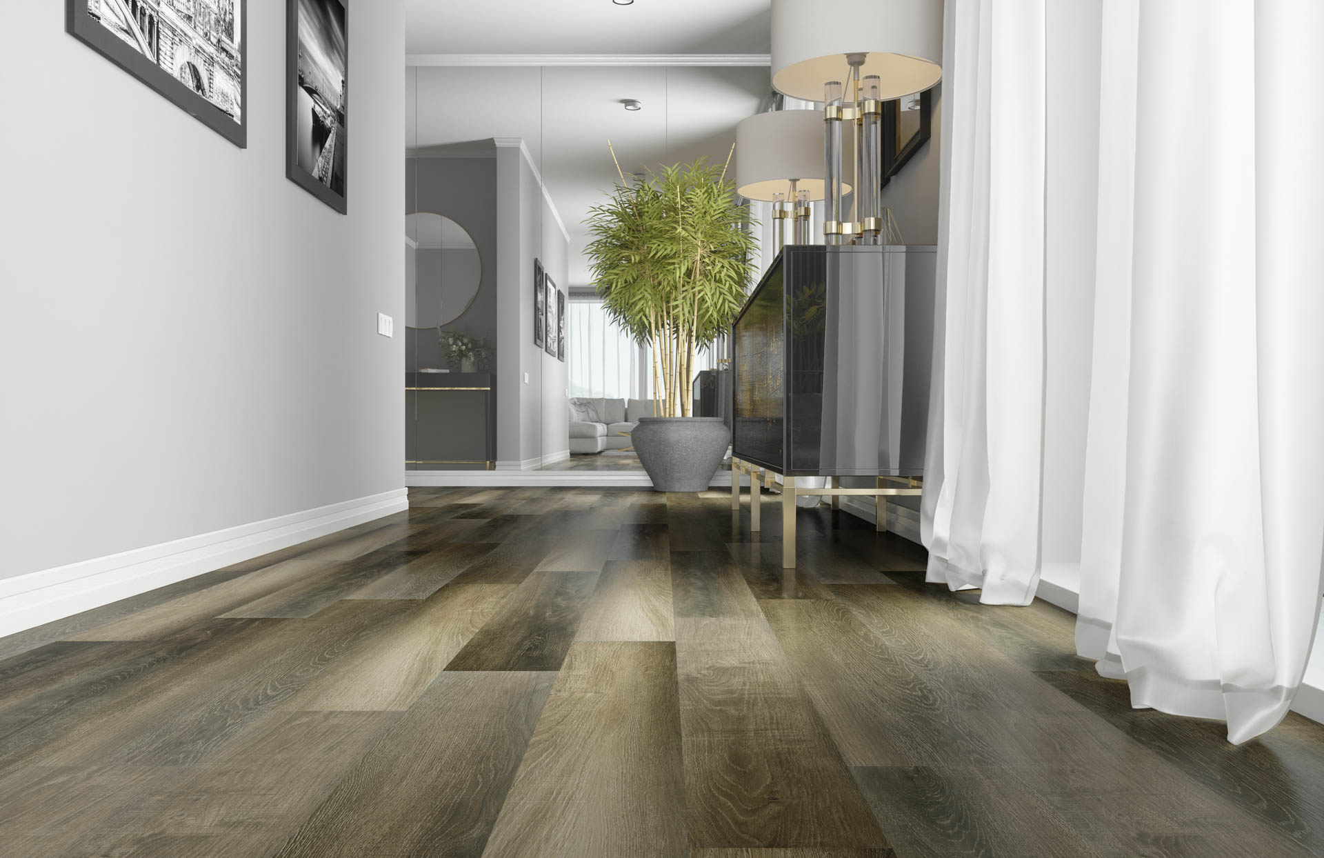 Кварцвиниловый SPC ламинат Fargo Comfort Дуб Прага 61W921 1220×150×4 фото в интерьере