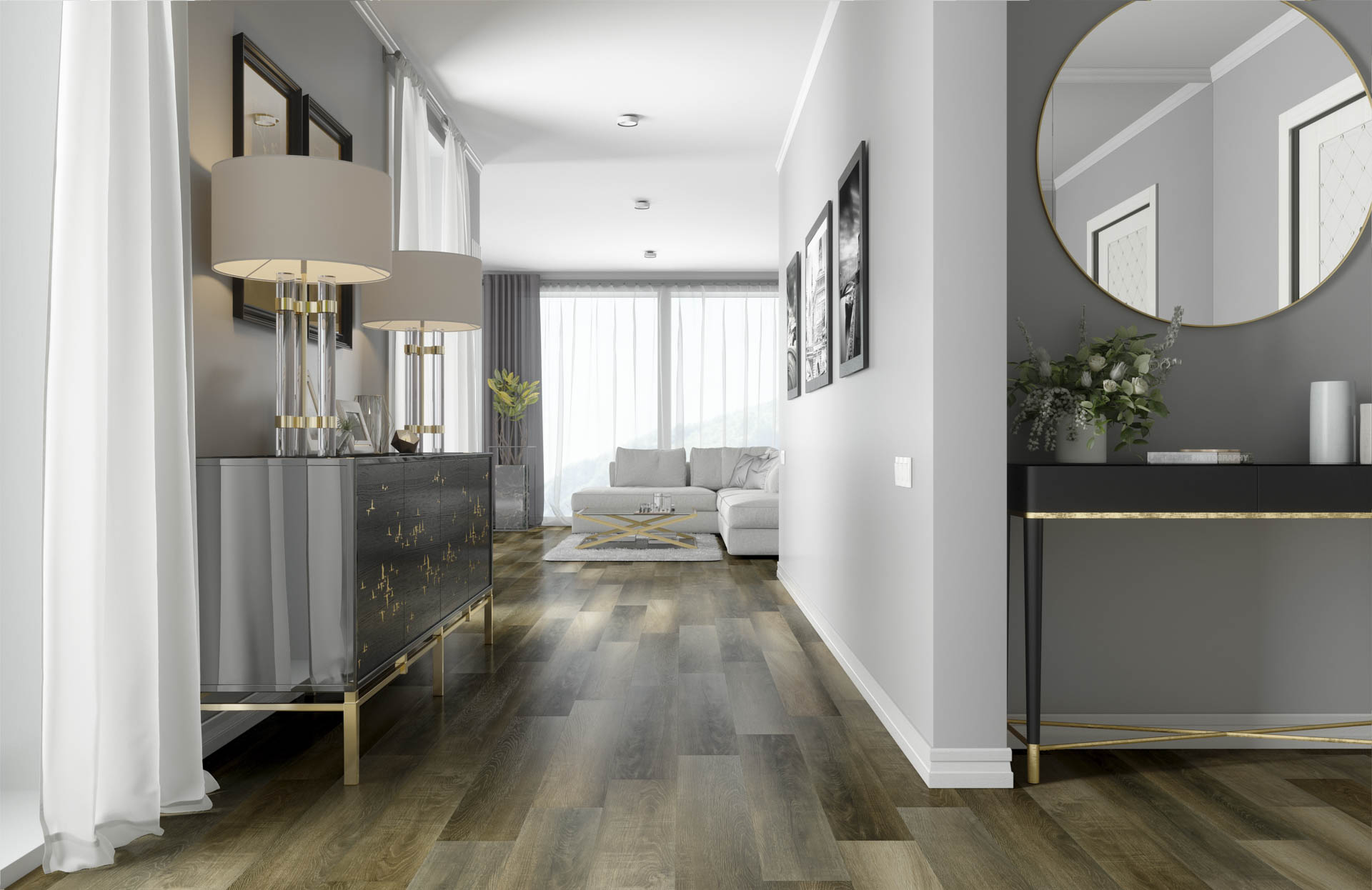 Кварцвиниловый SPC ламинат Fargo Comfort Дуб Прага 61W921 1220×150×4 фото в интерьере