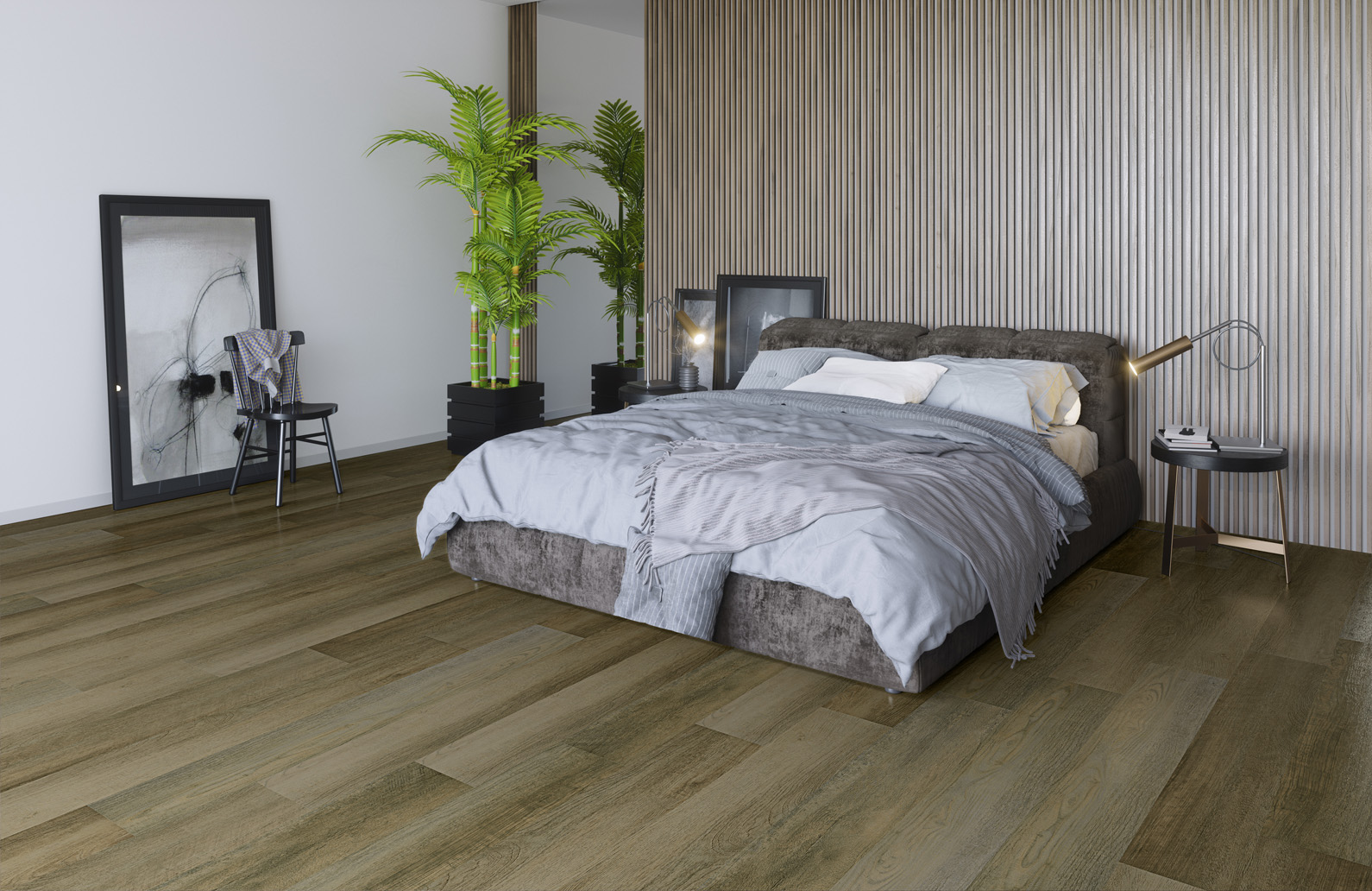 Кварцвиниловый SPC ламинат Fargo Classic Дуб Дели 62W945 1220×150×3,5 фото в интерьере