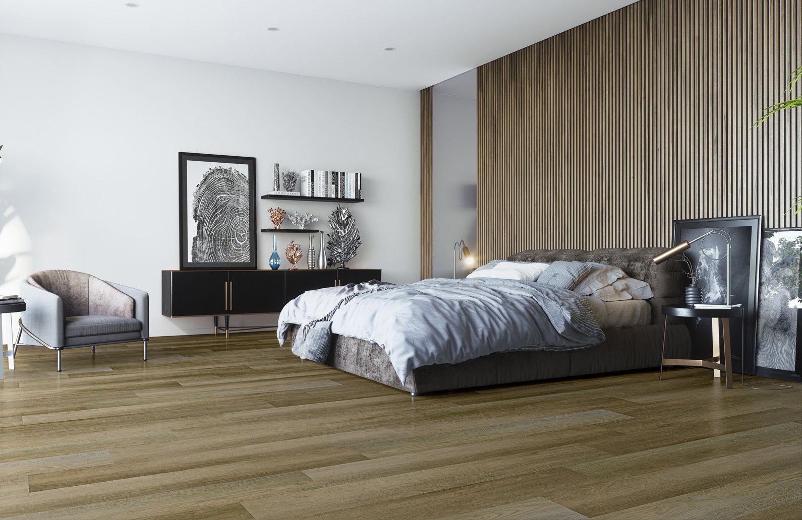 Кварцвиниловый SPC ламинат Fargo Classic Дуб Дели 62W945 1220×150×3,5 фото в интерьере