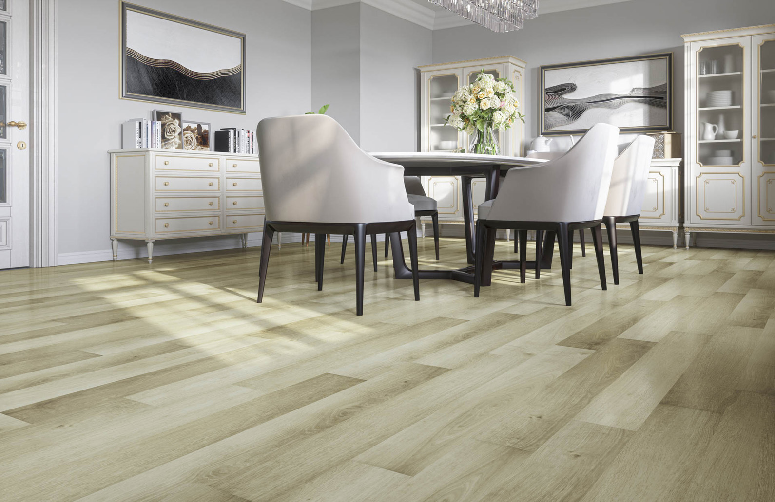 Кварцвиниловый SPC ламинат Fargo Classic Дуб Бангкок 64W965 1220×150×3,5 фото в интерьере