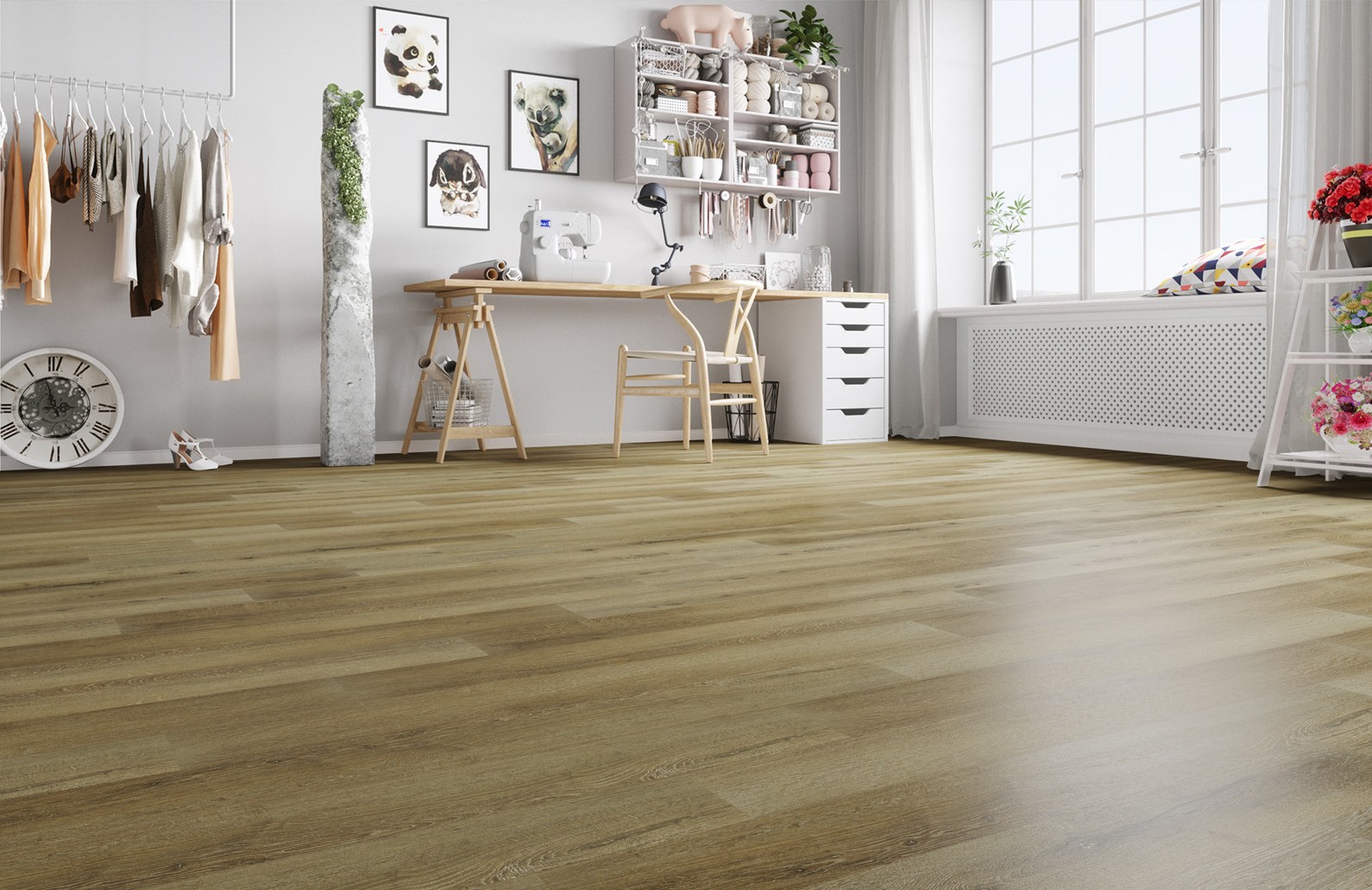 Кварцвиниловый SPC ламинат Fargo Comfort Дуб Калифорния 66W963 1220×150×4 фото в интерьере