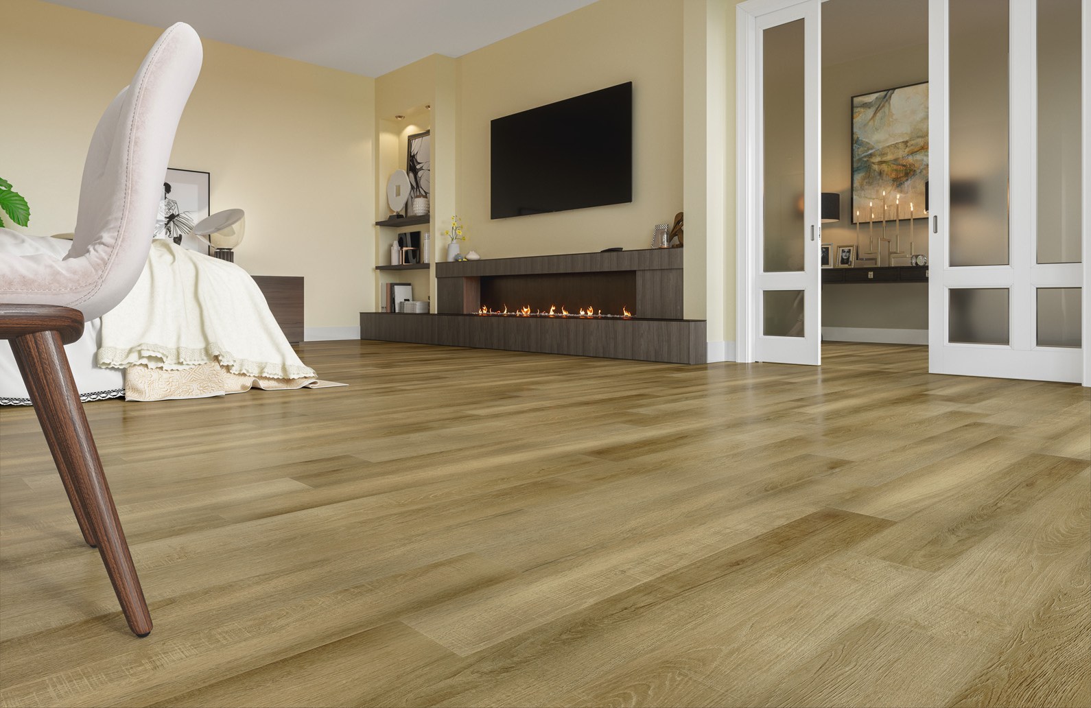 Кварцвиниловый SPC ламинат Fargo Comfort Дуб Мехико 70W921 1220×150×4 фото в интерьере