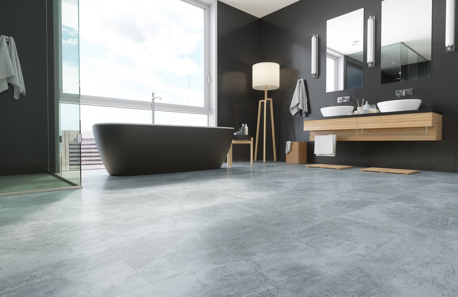 Кварцвиниловый SPC ламинат Fargo Stone Дымчатый Меланит 61S455 600×300×4 фото в интерьере