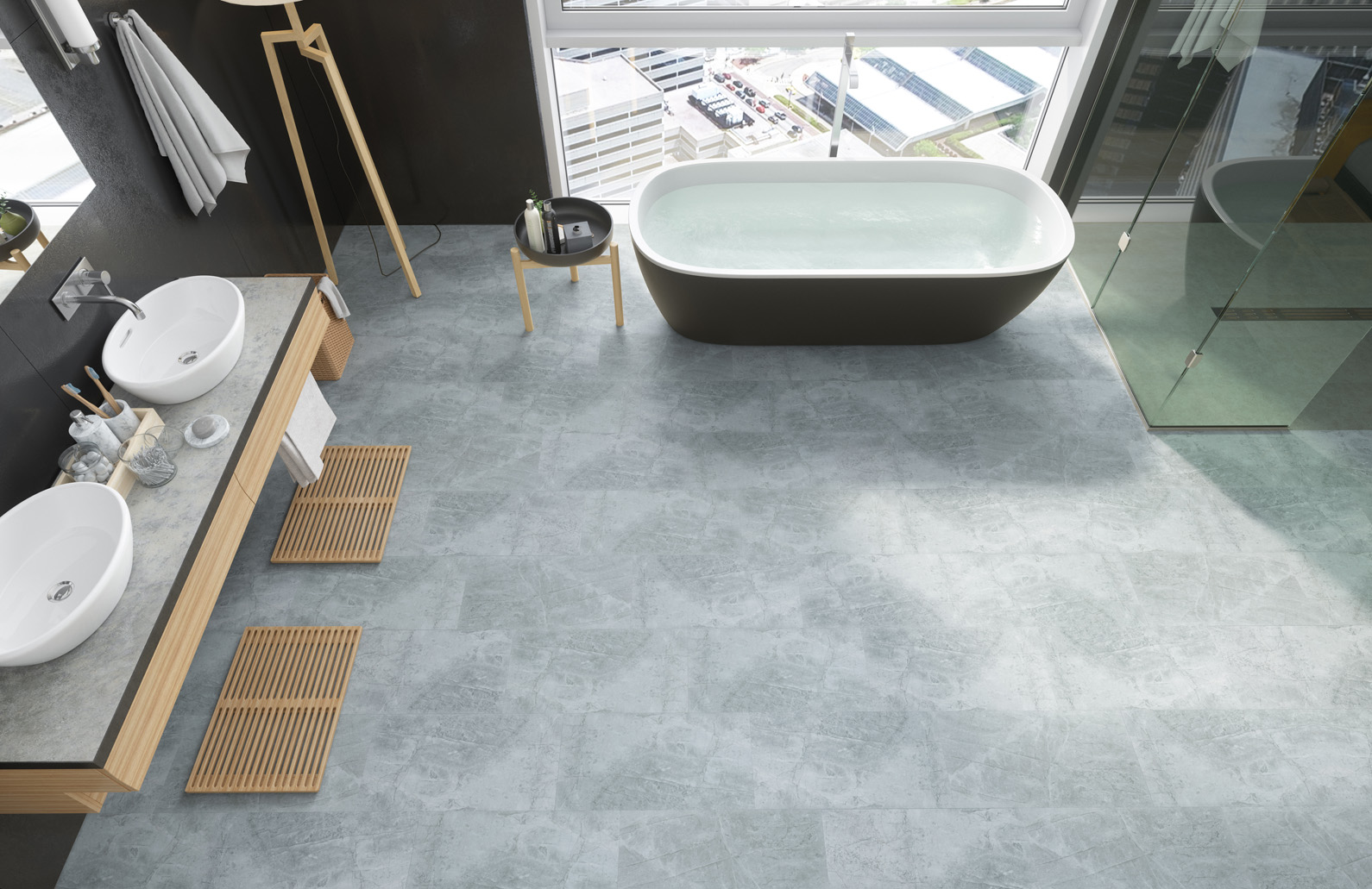 Кварцвиниловый SPC ламинат Fargo Stone Дымчатый Меланит 61S455 600×300×4 фото в интерьере