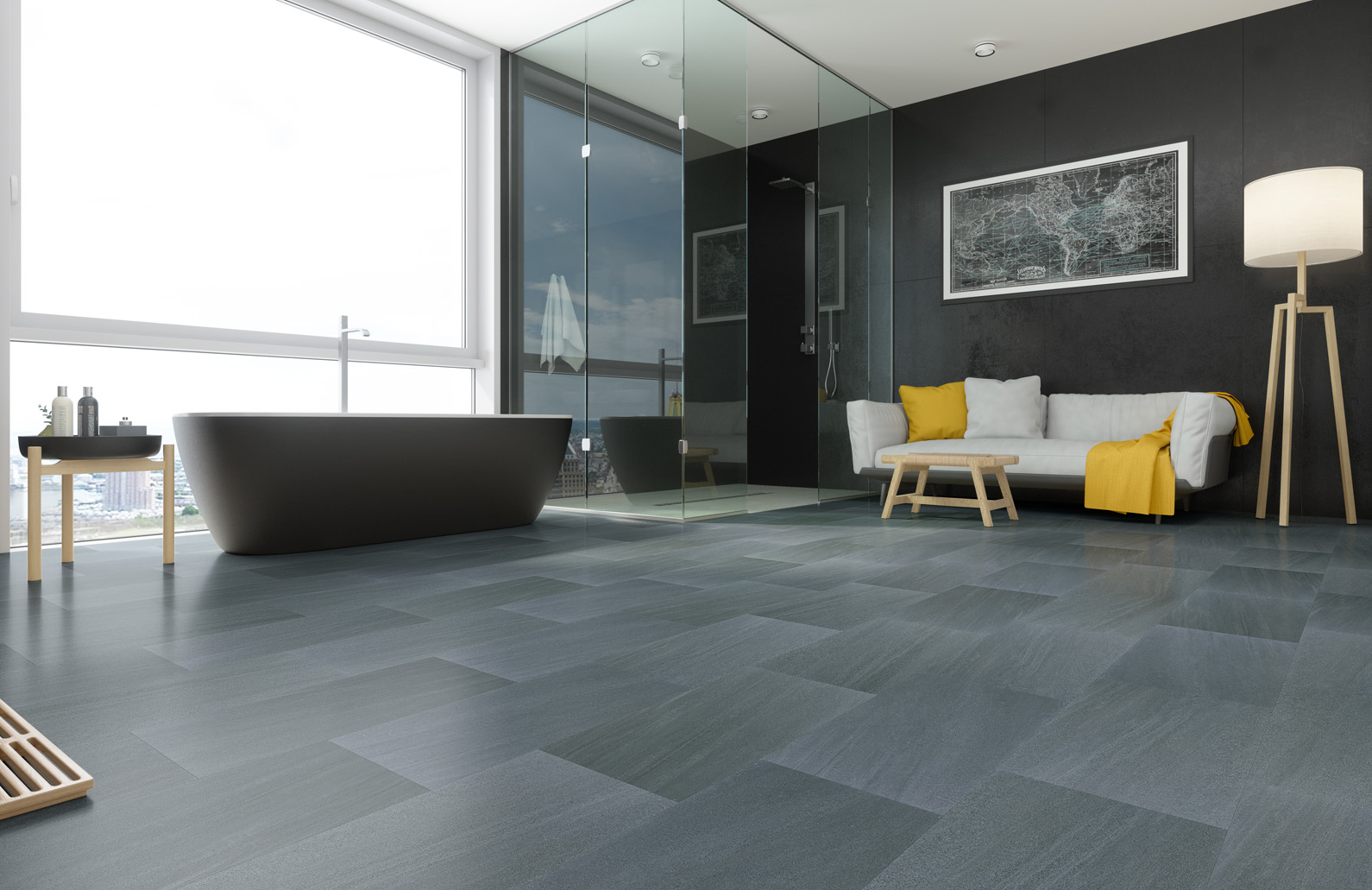 Кварцвиниловый SPC ламинат Fargo Stone Черный Алмаз 64S452 600×300×4 фото в интерьере