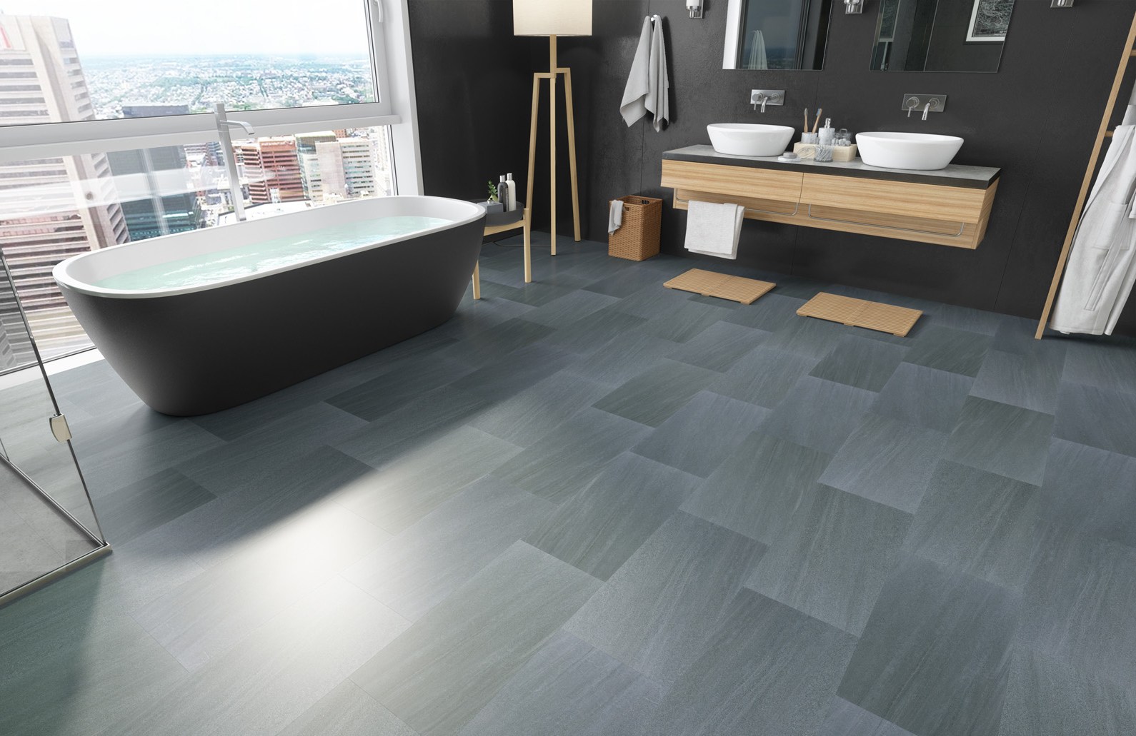 Кварцвиниловый SPC ламинат Fargo Stone Черный Алмаз 64S452 600×300×4 фото в интерьере