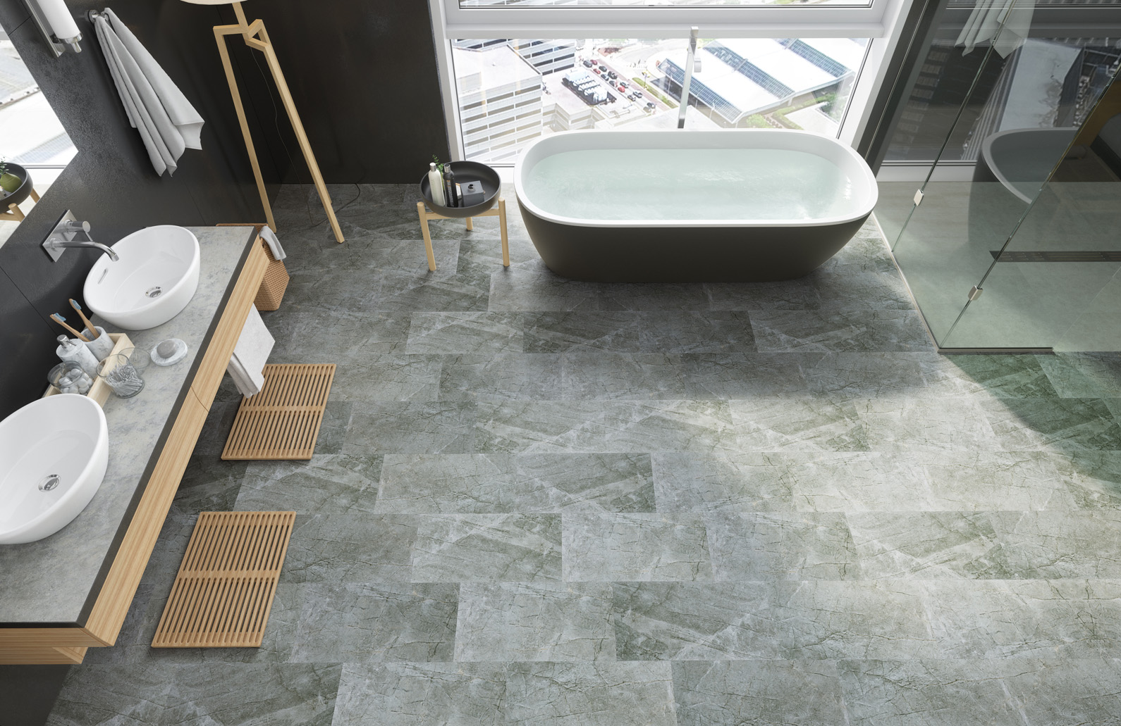 Кварцвиниловый SPC ламинат Fargo Stone Платиновый Агат 67S455 600×300×4 фото в интерьере