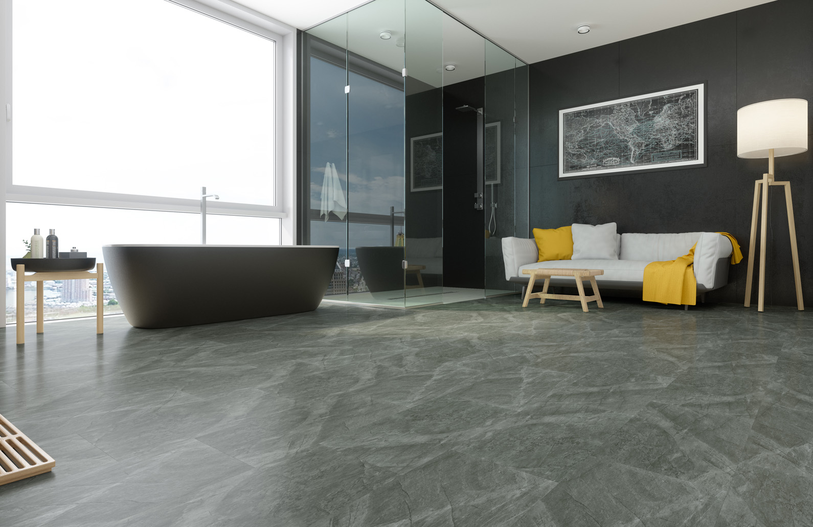 Кварцвиниловый SPC ламинат Fargo Stone Агат Маренго 68S455 600×300×4 фото в интерьере