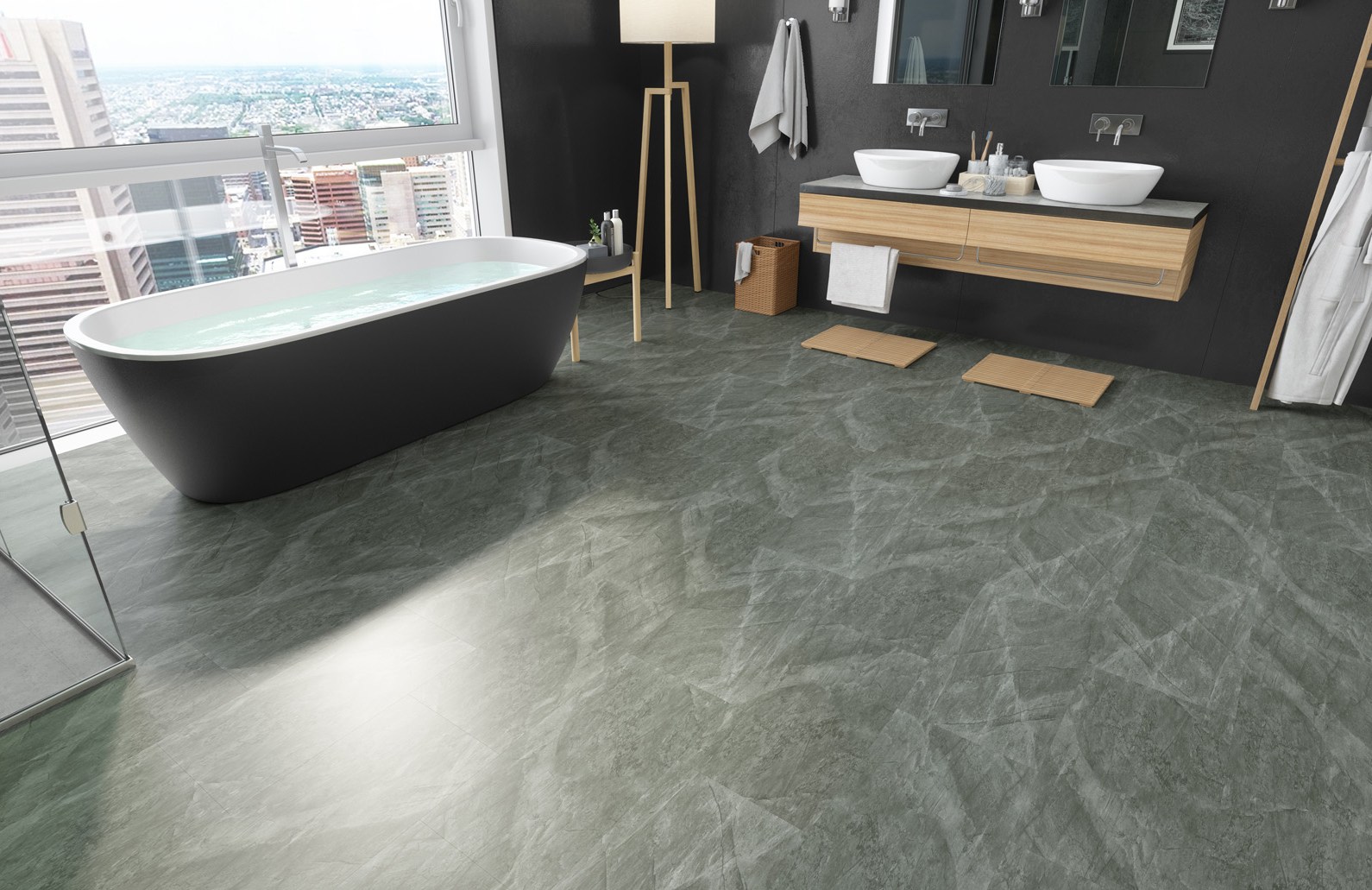 Кварцвиниловый SPC ламинат Fargo Stone Агат Маренго 68S455 600×300×4 фото в интерьере