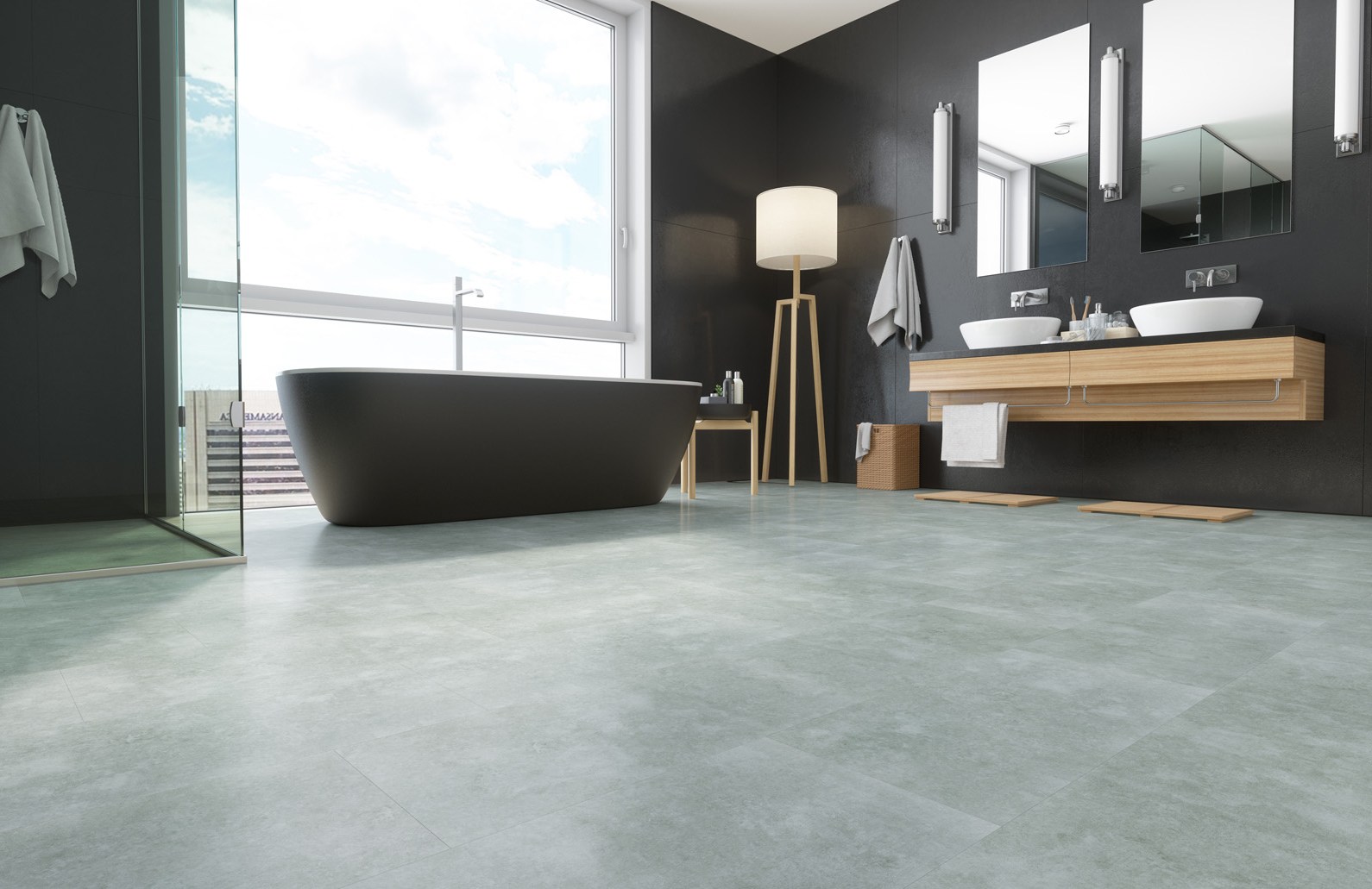 Кварцвиниловый SPC ламинат Fargo Stone Королевский Оникс YC 48008-10 600×300×4 фото в интерьере