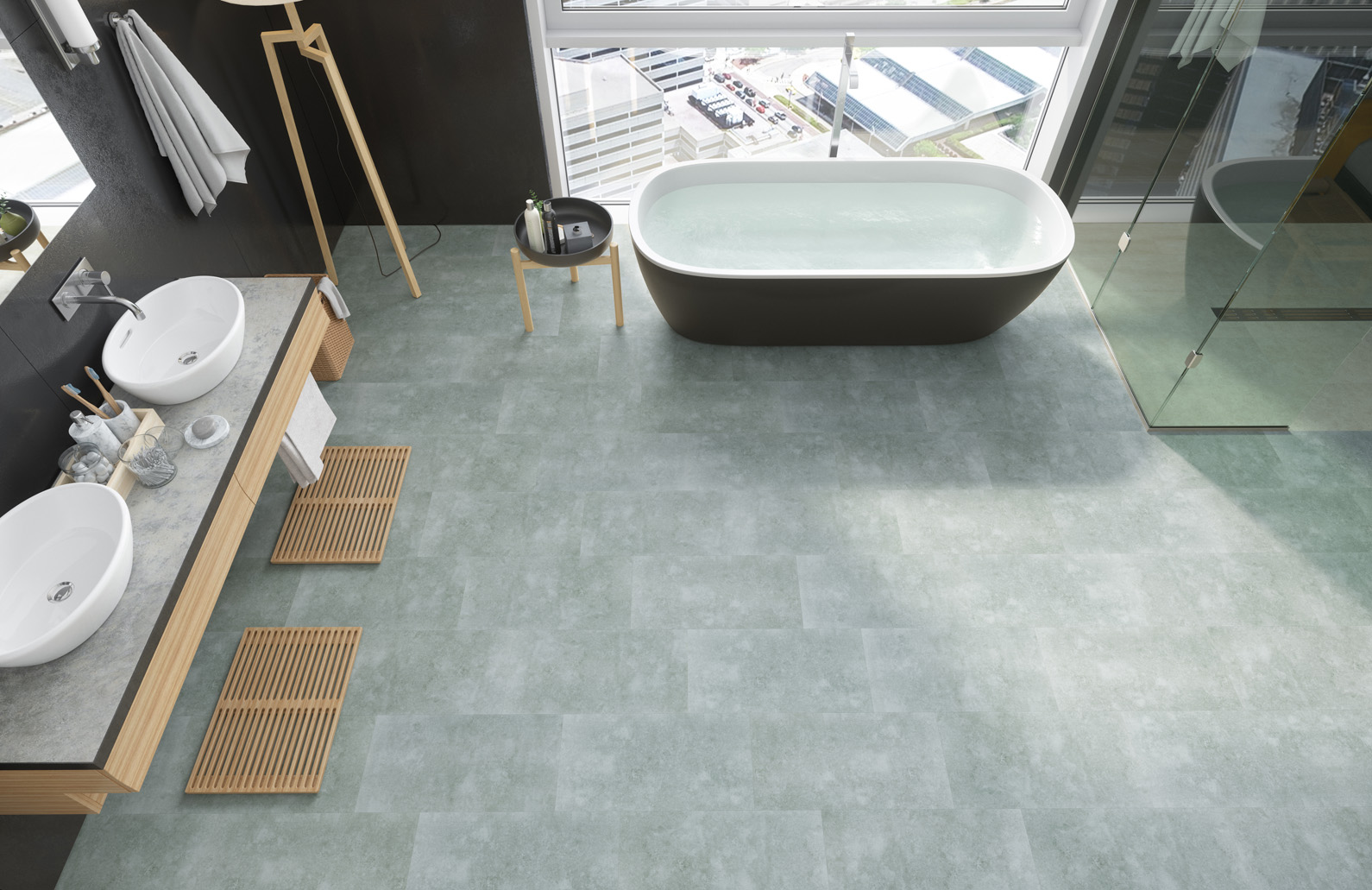 Кварцвиниловый SPC ламинат Fargo Stone Королевский Оникс YC 48008-10 600×300×4 фото в интерьере