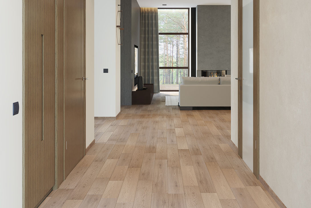 Инженерная доска Gran Parte Дуб Капучино натур 500−1500×140×15 фото в интерьере