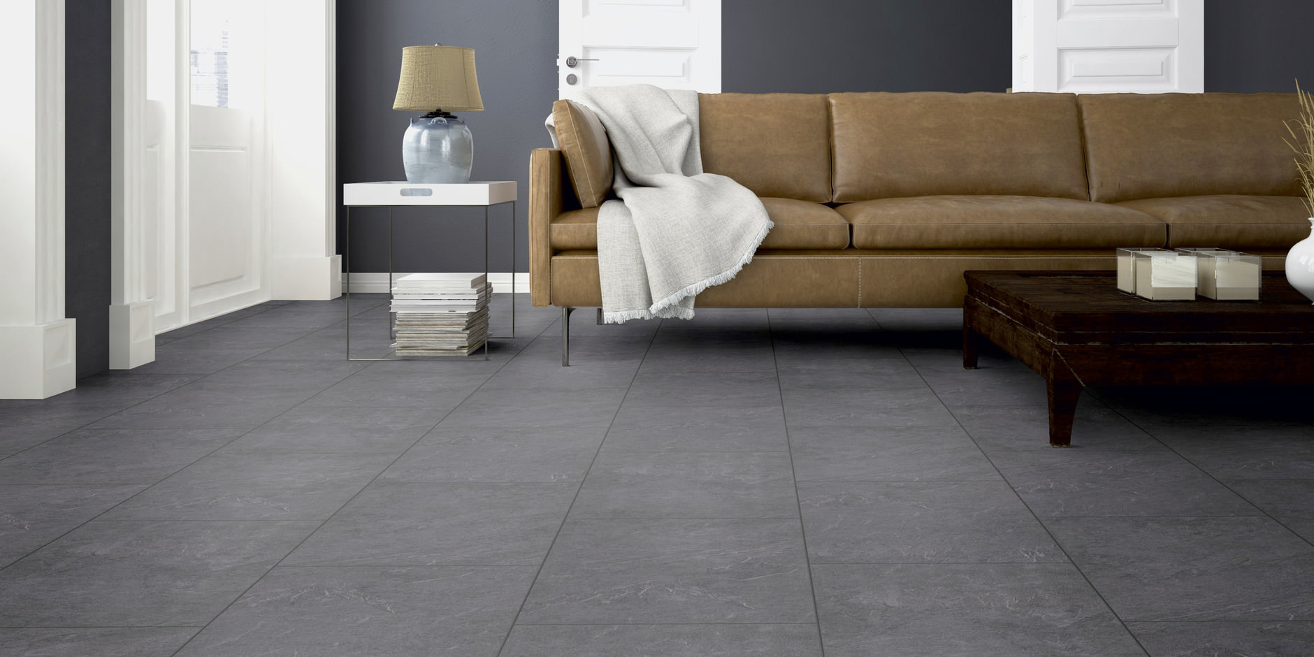 Ламинат Ter Hurne Trend Line Камень серый антрацит 1958 1285×327×8 фото в интерьере